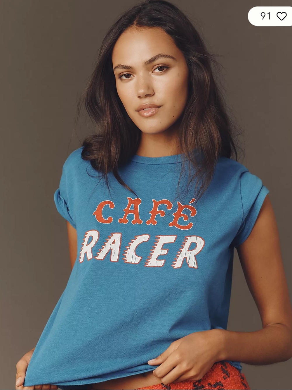 MOTHER Blue Café Racer Graphic Tee with Orange & White Lettering